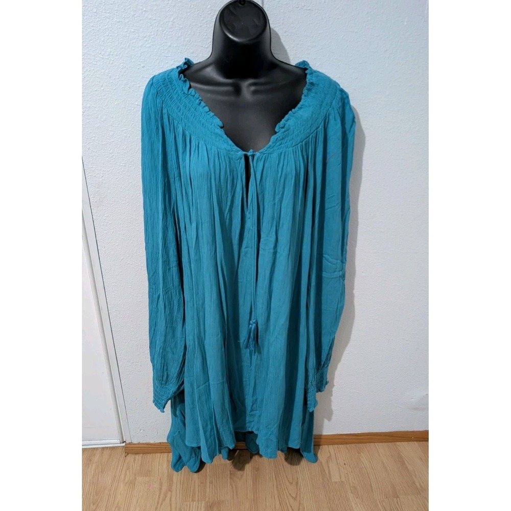 Roaman's‎ Women's 26W Teal Peasant Blouse Rayon Tassel Tie Boho Plus Size
